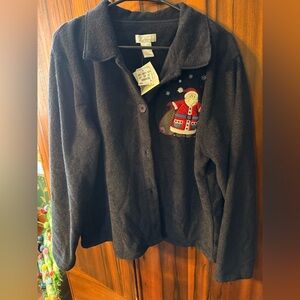 Women’s navy Christmas button up with Santa Embroidery